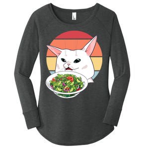 Retro Confused Cat At Dinner Table Meme Women's Perfect Tri Tunic Long Sleeve Shirt