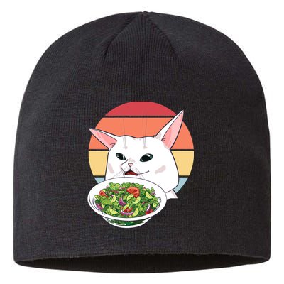 Retro Confused Cat At Dinner Table Meme Sustainable Beanie