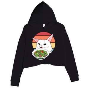 Retro Confused Cat At Dinner Table Meme Crop Fleece Hoodie