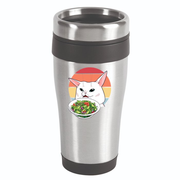 Retro Confused Cat At Dinner Table Meme 16oz Travel Tumbler