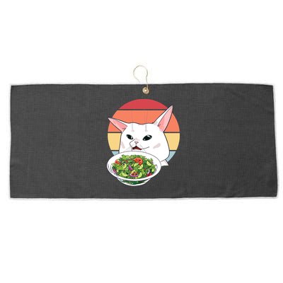 Retro Confused Cat At Dinner Table Meme Large Microfiber Waffle Golf Towel