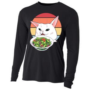 Retro Confused Cat At Dinner Table Meme Cooling Performance Long Sleeve Crew