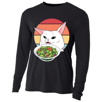 Retro Confused Cat At Dinner Table Meme Cooling Performance Long Sleeve Crew
