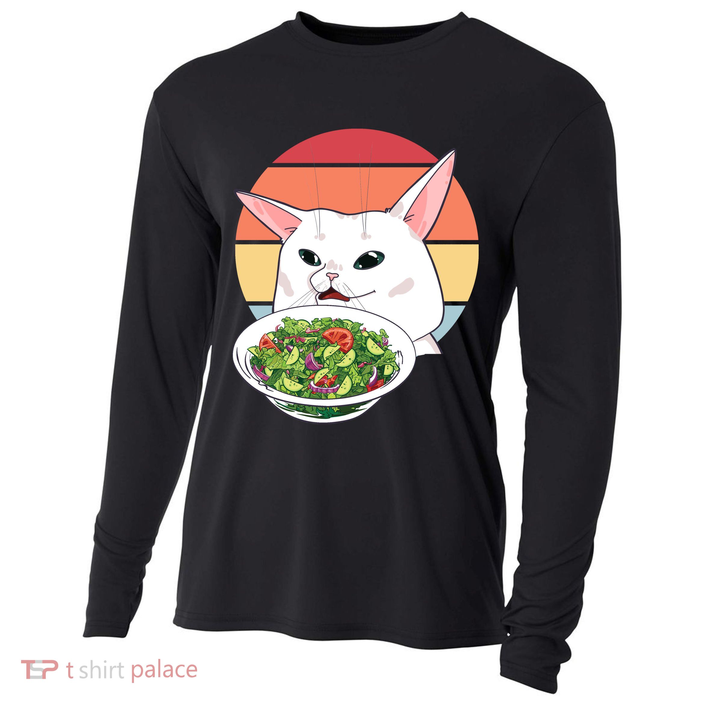 Retro Confused Cat At Dinner Table Meme Cooling Performance Long Sleeve Crew