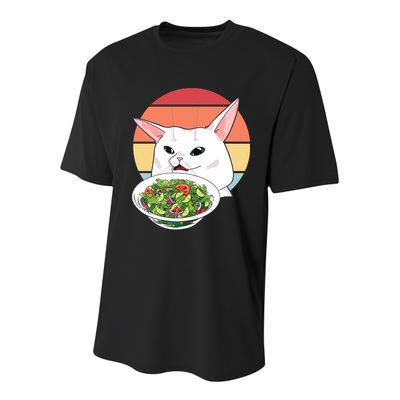 Retro Confused Cat At Dinner Table Meme Youth Performance Sprint T-Shirt