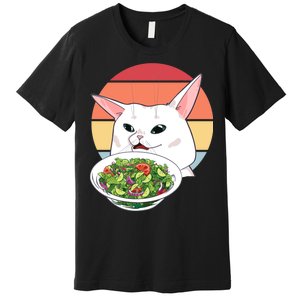 Retro Confused Cat At Dinner Table Meme Premium T-Shirt