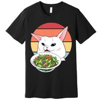 Retro Confused Cat At Dinner Table Meme Premium T-Shirt