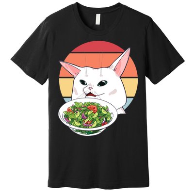 Retro Confused Cat At Dinner Table Meme Premium T-Shirt