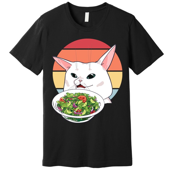 Retro Confused Cat At Dinner Table Meme Premium T-Shirt