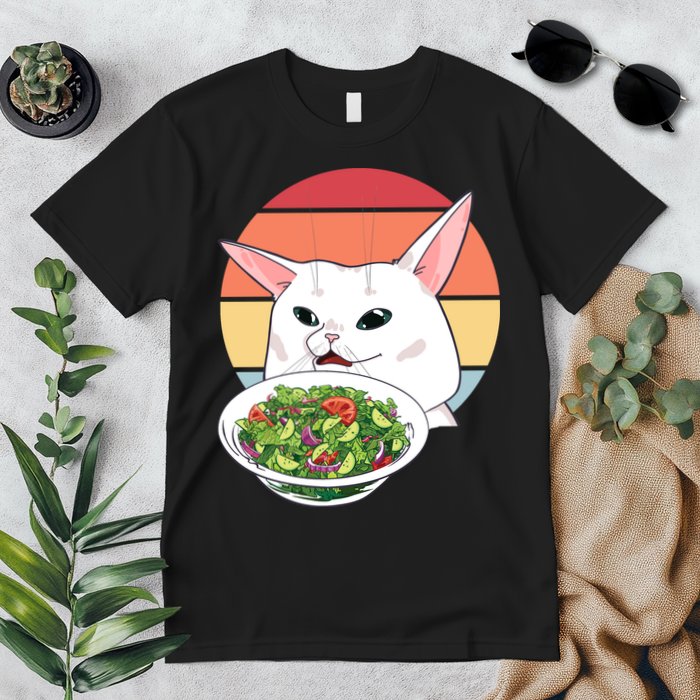 Retro Confused Cat At Dinner Table Meme Premium T-Shirt