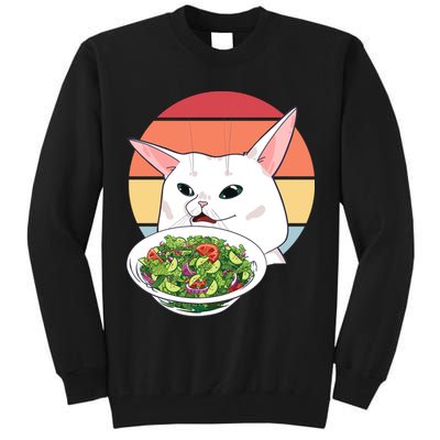 Retro Confused Cat At Dinner Table Meme Tall Sweatshirt