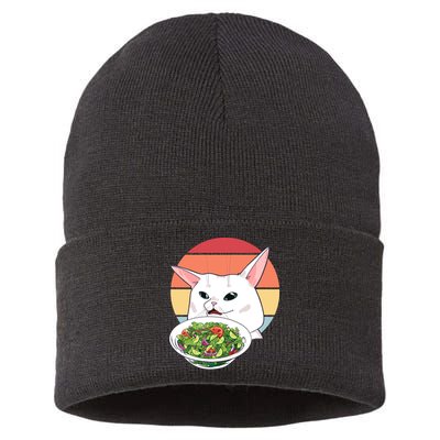 Retro Confused Cat At Dinner Table Meme Sustainable Knit Beanie