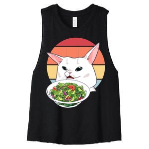 Retro Confused Cat At Dinner Table Meme Women's Racerback Cropped Tank