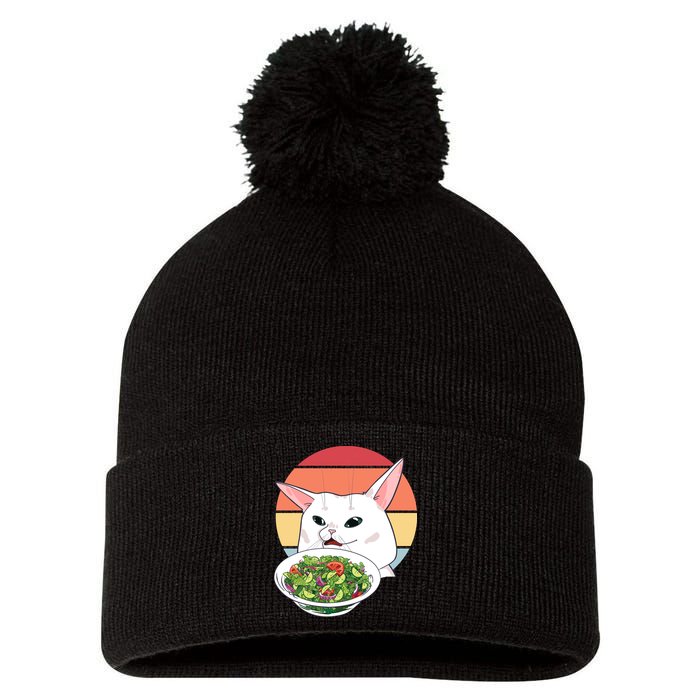 Retro Confused Cat At Dinner Table Meme Pom Pom 12in Knit Beanie