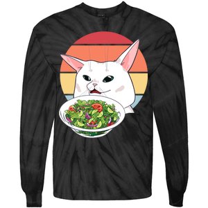 Retro Confused Cat At Dinner Table Meme Tie-Dye Long Sleeve Shirt