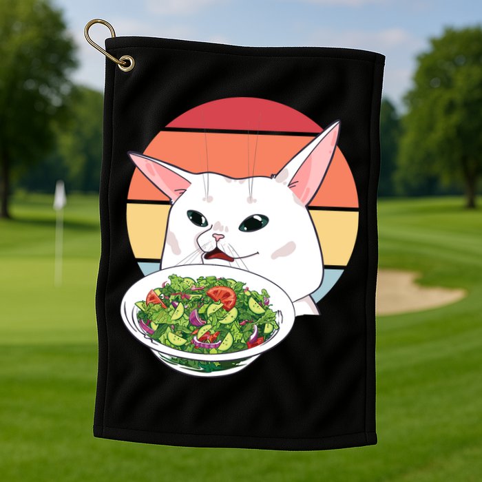 Retro Confused Cat At Dinner Table Meme Golf Towel