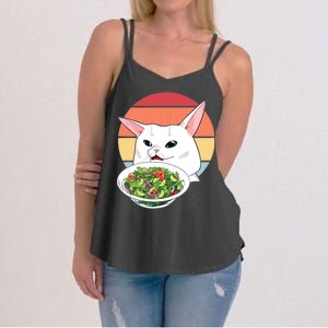 Retro Confused Cat At Dinner Table Meme Women's Strappy Tank