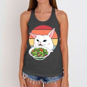 Retro Confused Cat At Dinner Table Meme Women's Knotted Racerback Tank