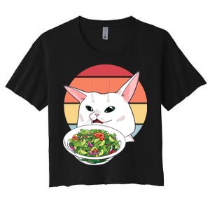 Retro Confused Cat At Dinner Table Meme Women's Crop Top Tee