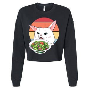 Retro Confused Cat At Dinner Table Meme Cropped Pullover Crew