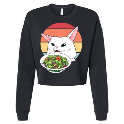 Retro Confused Cat At Dinner Table Meme Cropped Pullover Crew
