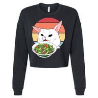 Retro Confused Cat At Dinner Table Meme Cropped Pullover Crew