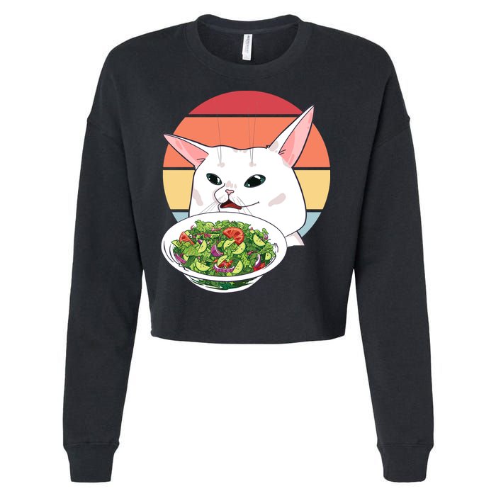Retro Confused Cat At Dinner Table Meme Cropped Pullover Crew