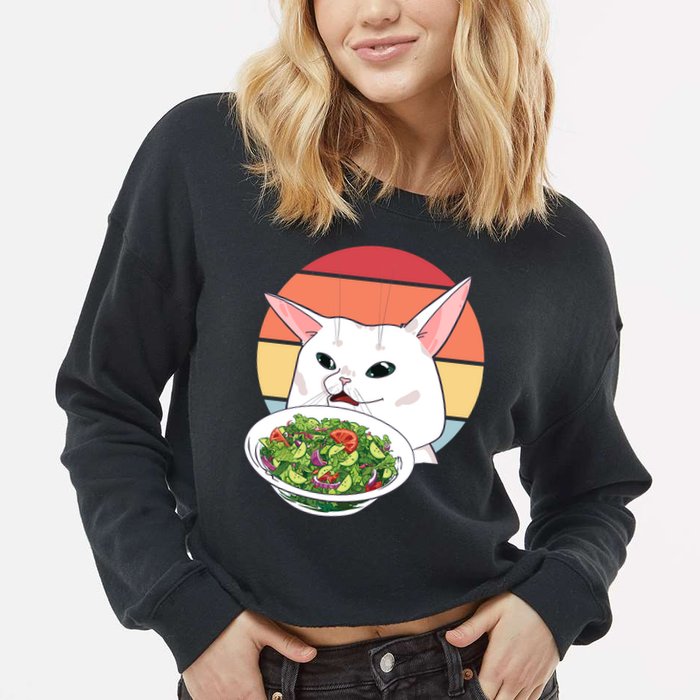 Retro Confused Cat At Dinner Table Meme Cropped Pullover Crew
