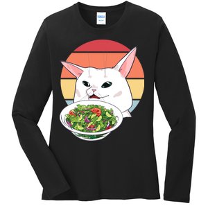 Retro Confused Cat At Dinner Table Meme Ladies Long Sleeve Shirt