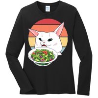 Retro Confused Cat At Dinner Table Meme Ladies Long Sleeve Shirt