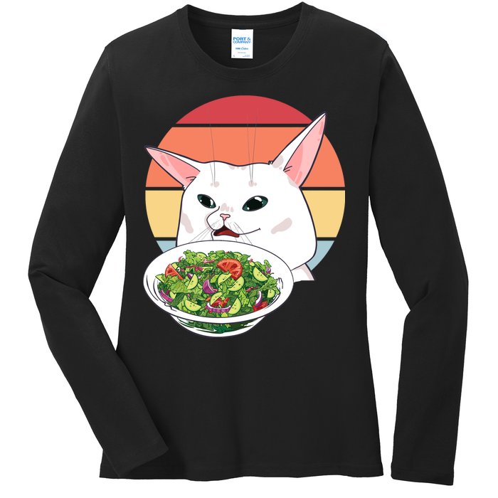 Retro Confused Cat At Dinner Table Meme Ladies Long Sleeve Shirt