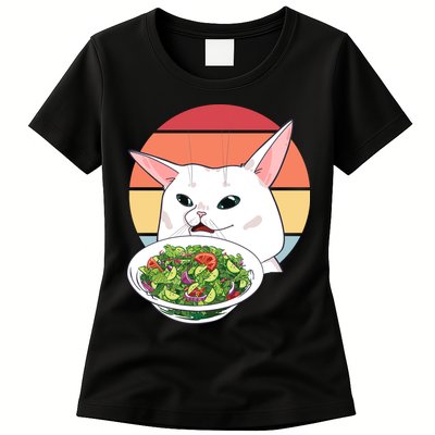 Retro Confused Cat At Dinner Table Meme Womens T-Shirt