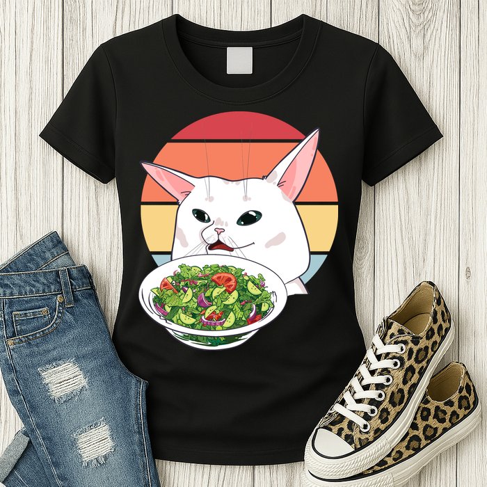 Retro Confused Cat At Dinner Table Meme Womens T-Shirt