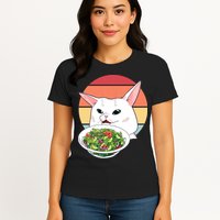 Retro Confused Cat At Dinner Table Meme Womens T-Shirt