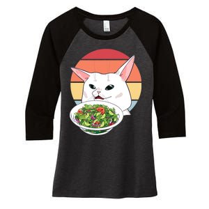 Retro Confused Cat At Dinner Table Meme Women's Tri-Blend 3/4-Sleeve Raglan Shirt