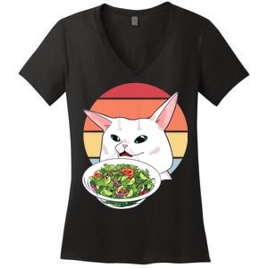 Retro Confused Cat At Dinner Table Meme Women's V-Neck T-Shirt