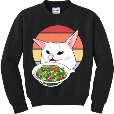 Retro Confused Cat At Dinner Table Meme Kids Sweatshirt