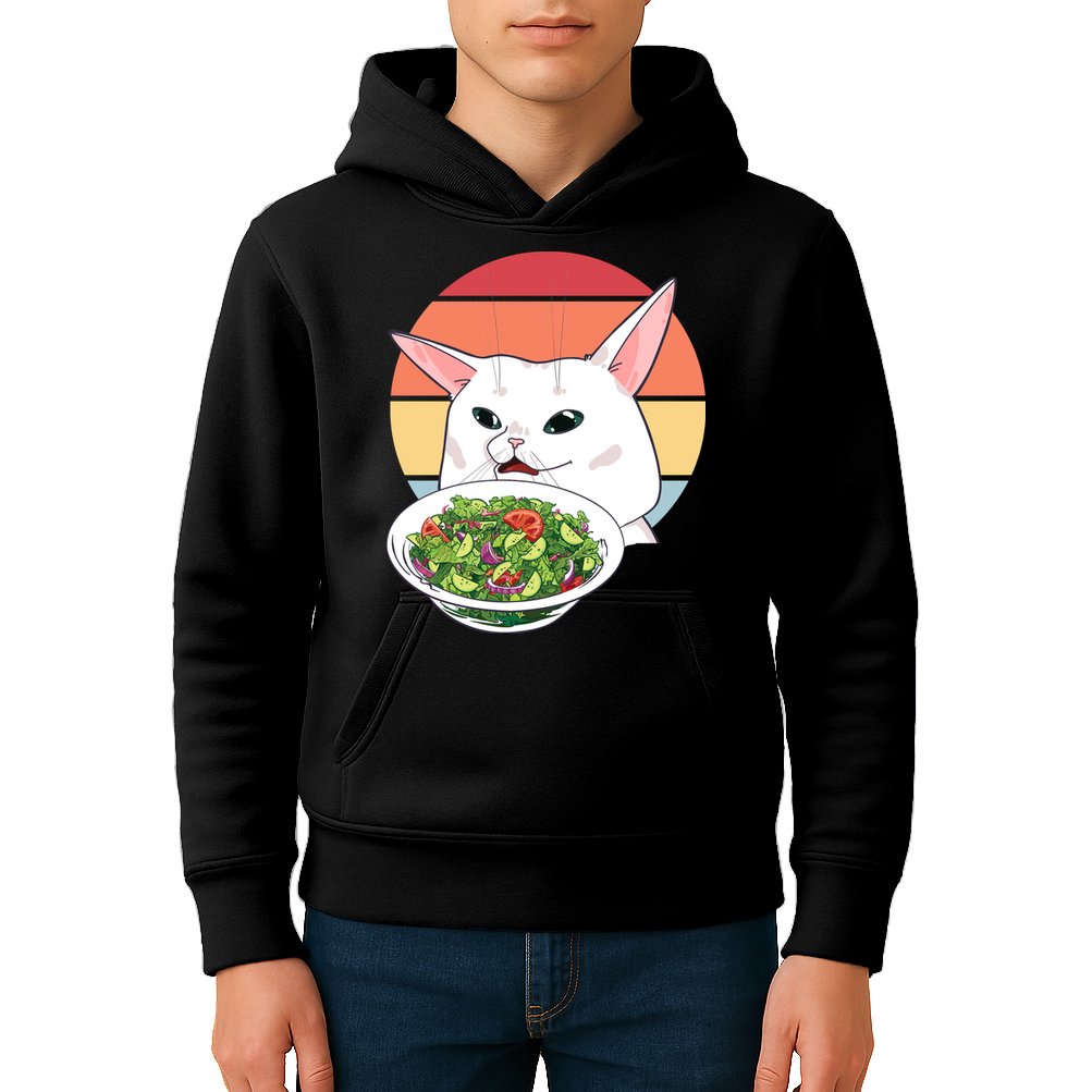 Retro Confused Cat At Dinner Table Meme Kids Hoodie