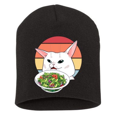 Retro Confused Cat At Dinner Table Meme Short Acrylic Beanie