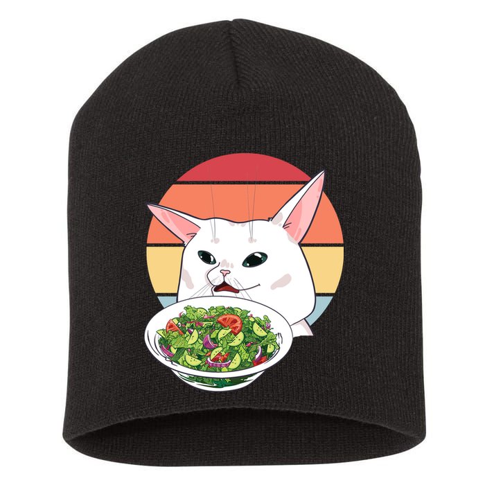 Retro Confused Cat At Dinner Table Meme Short Acrylic Beanie