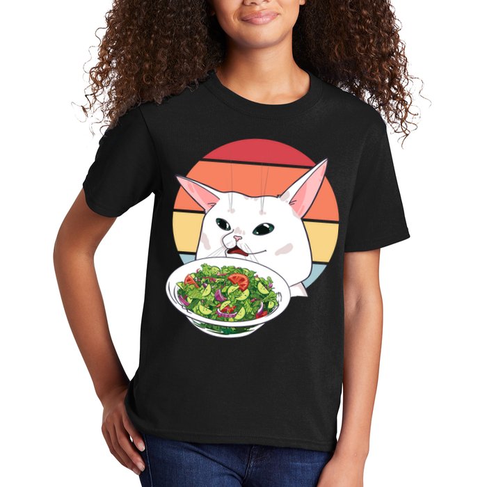 Retro Confused Cat At Dinner Table Meme Kids T-Shirt