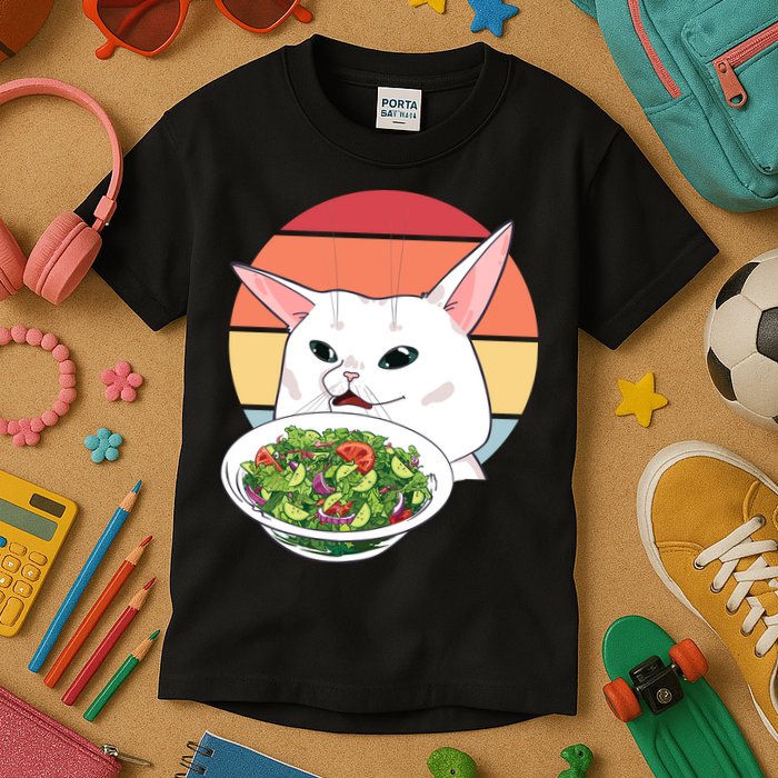 Retro Confused Cat At Dinner Table Meme Kids T-Shirt