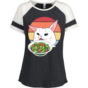 Retro Confused Cat At Dinner Table Meme Enza Ladies Jersey Colorblock Tee