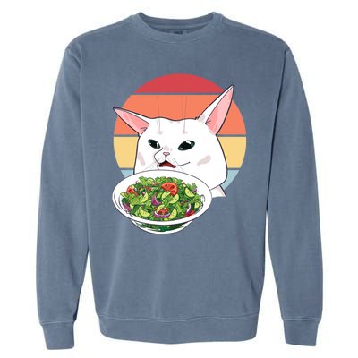 Retro Confused Cat At Dinner Table Meme Garment-Dyed Sweatshirt