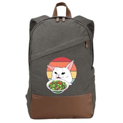 Retro Confused Cat At Dinner Table Meme Cotton Canvas Backpack