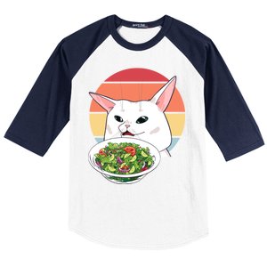 Retro Confused Cat At Dinner Table Meme Baseball Sleeve Shirt