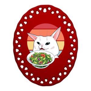 Retro Confused Cat At Dinner Table Meme Ceramic Oval Ornament