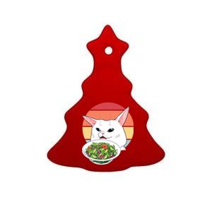 Retro Confused Cat At Dinner Table Meme Ceramic Tree Ornament