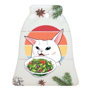 Retro Confused Cat At Dinner Table Meme Ceramic Bell Ornament