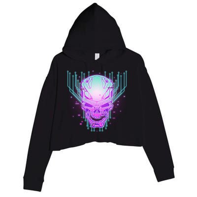 Retro Cyber Robot Skull  Crop Fleece Hoodie